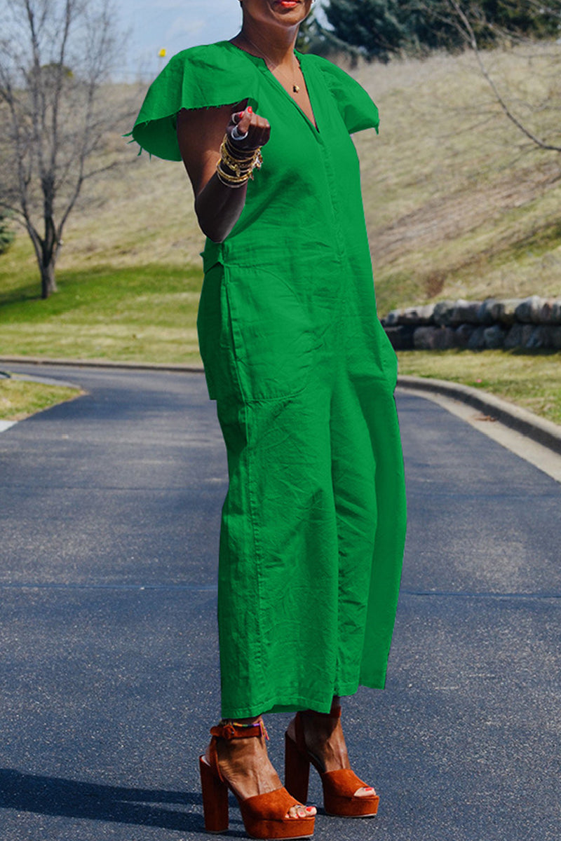 CM | Casual Sólido Patchwork Bolsa Cuello en V Regular Jumpsuits