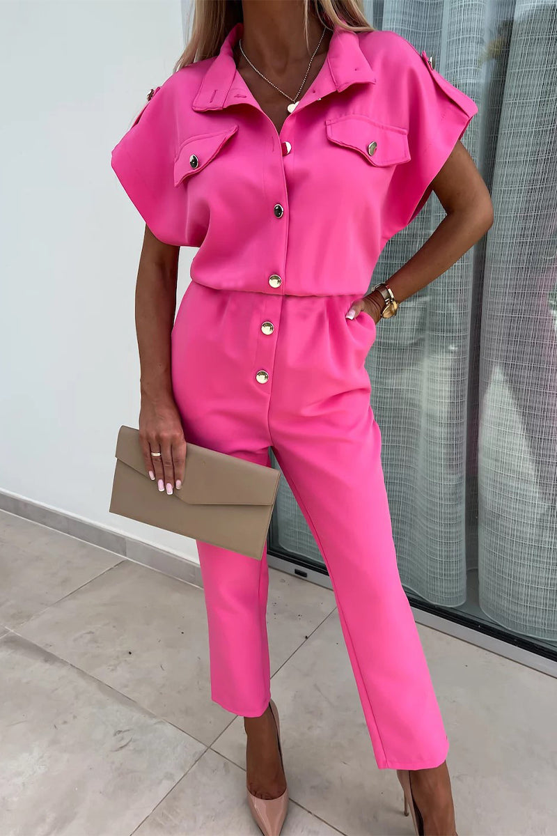 CM | Casual Solid Buttons Turn-down Collar Straight Jumpsuits