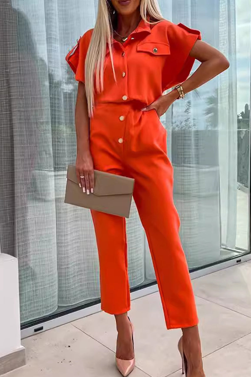 CM | Casual Solid Buttons Turn-down Collar Straight Jumpsuits