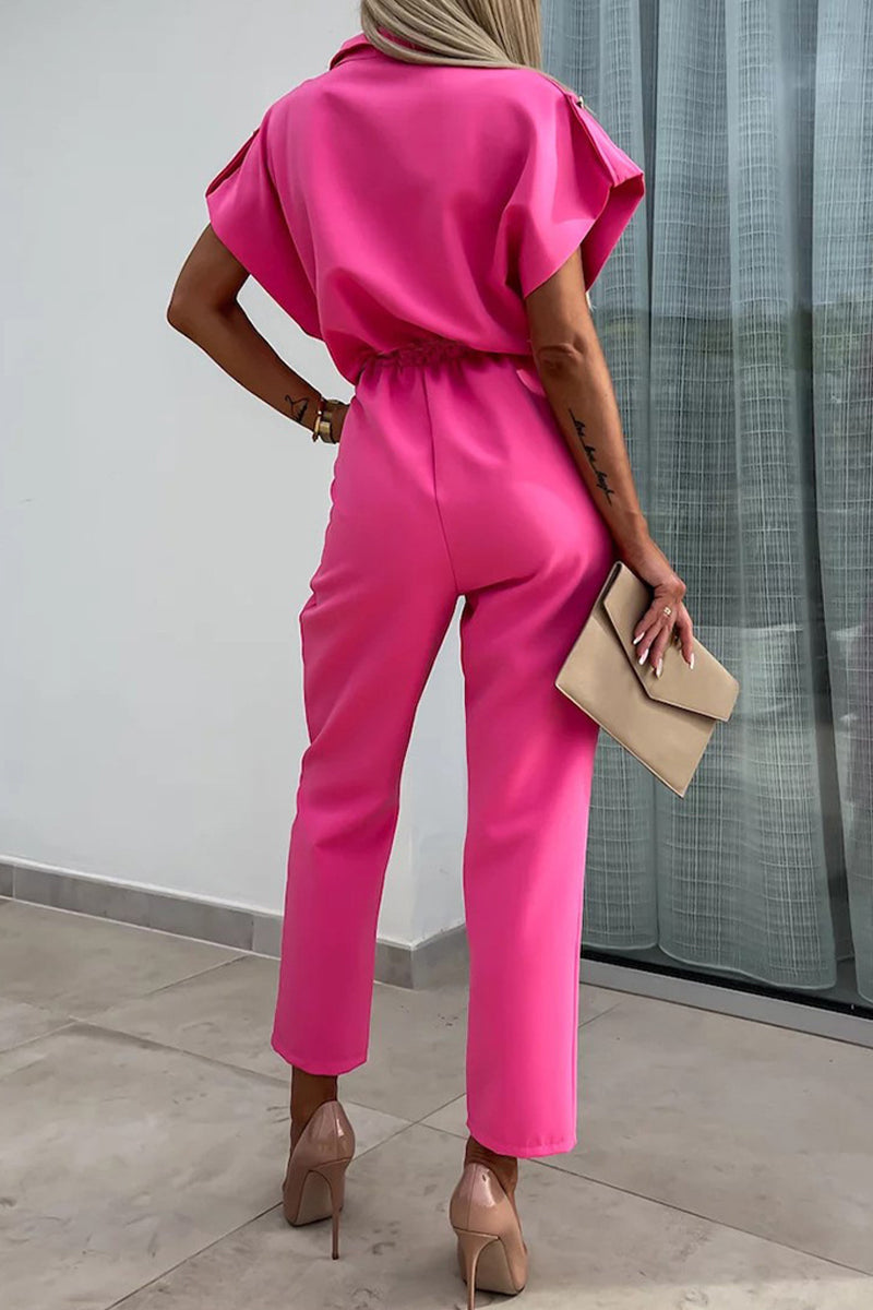 CM | Casual Solid Buttons Turn-down Collar Straight Jumpsuits