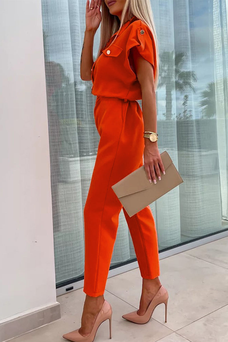 CM | Casual Solid Buttons Turn-down Collar Straight Jumpsuits