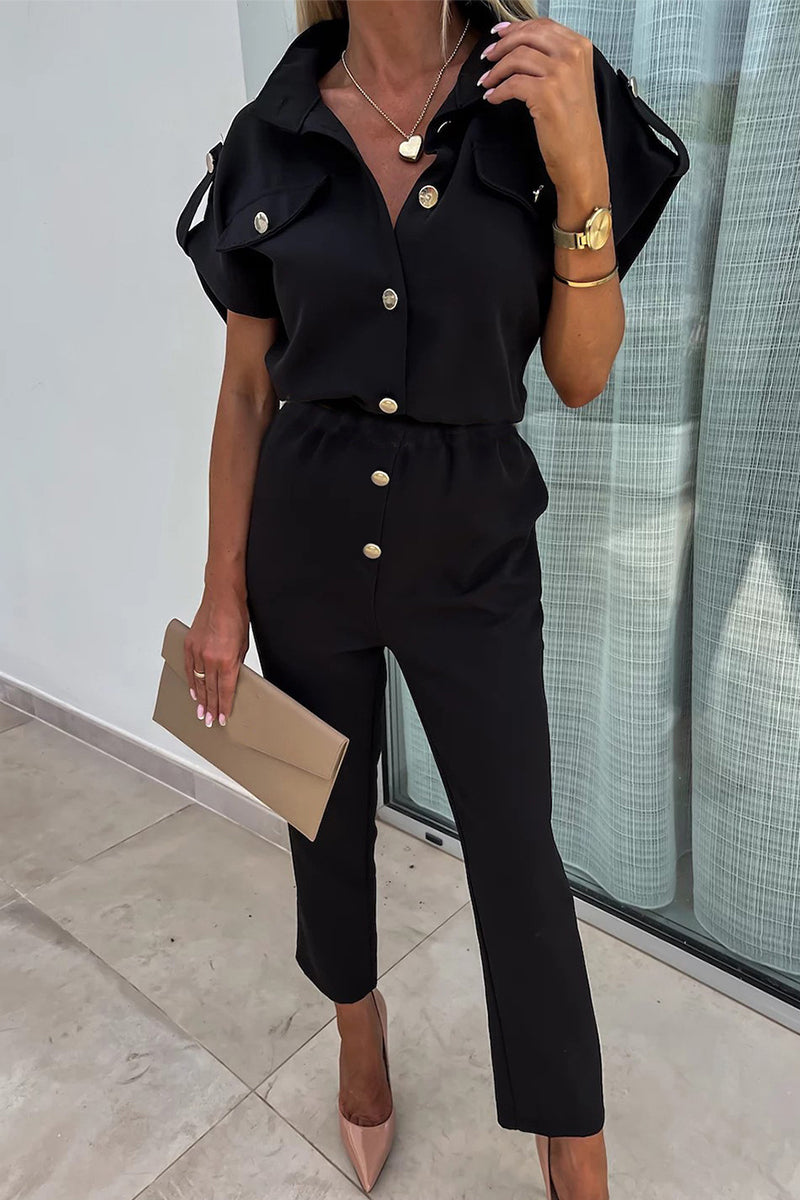 CM | Casual Solid Buttons Turn-down Collar Straight Jumpsuits