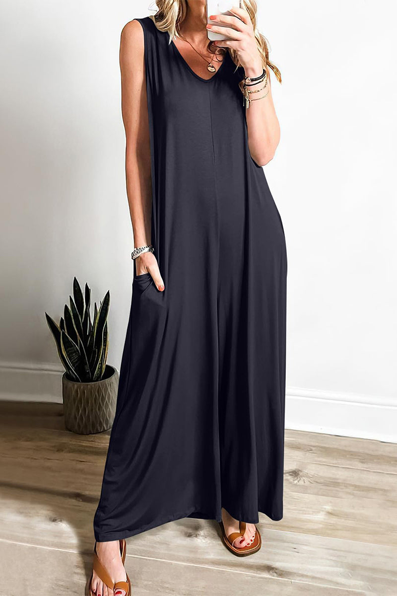 CM | Casual Simplicity Solid Pocket V-Neck Loose Jumpsuits