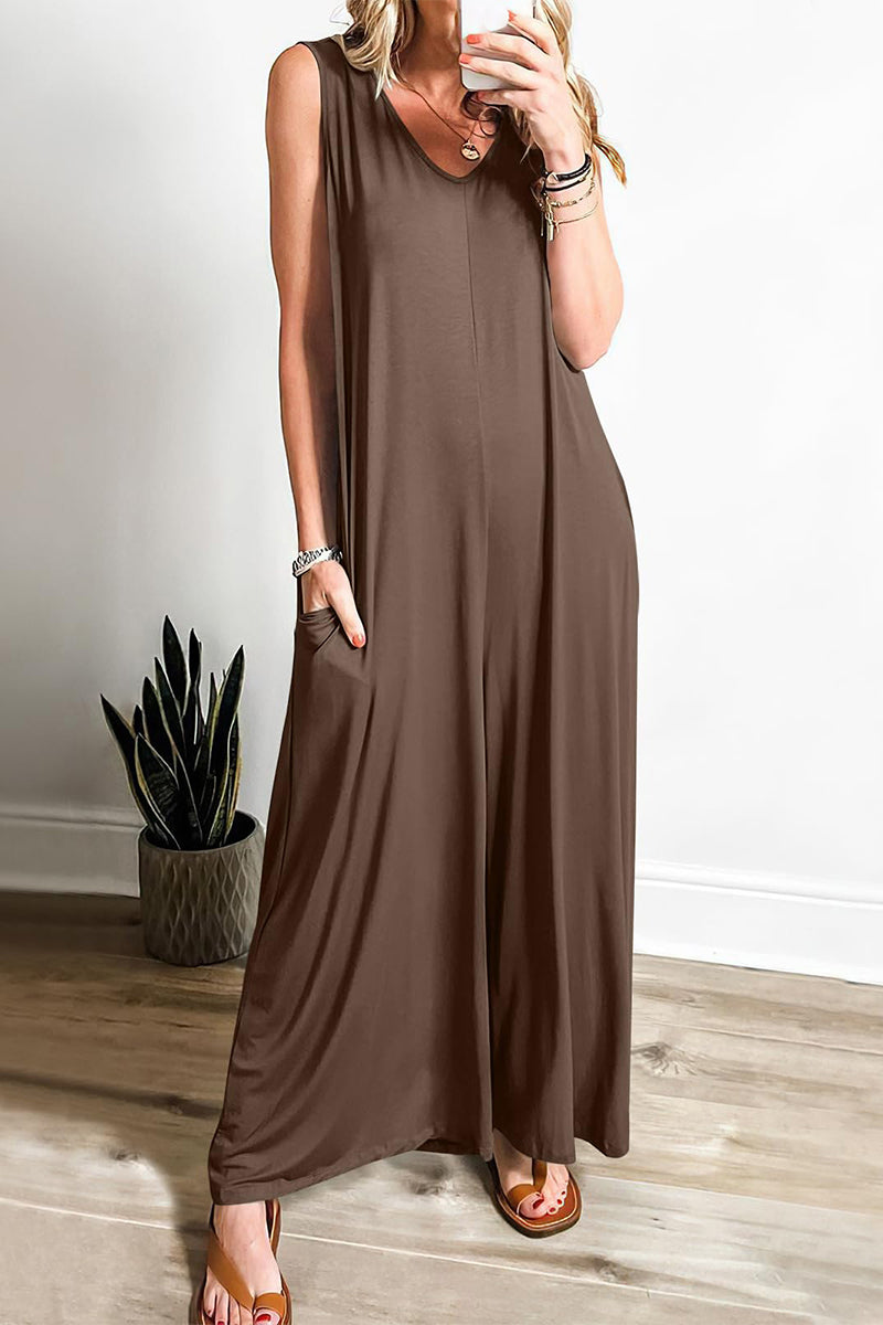 CM | Casual Simplicity Solid Pocket V-Neck Loose Jumpsuits