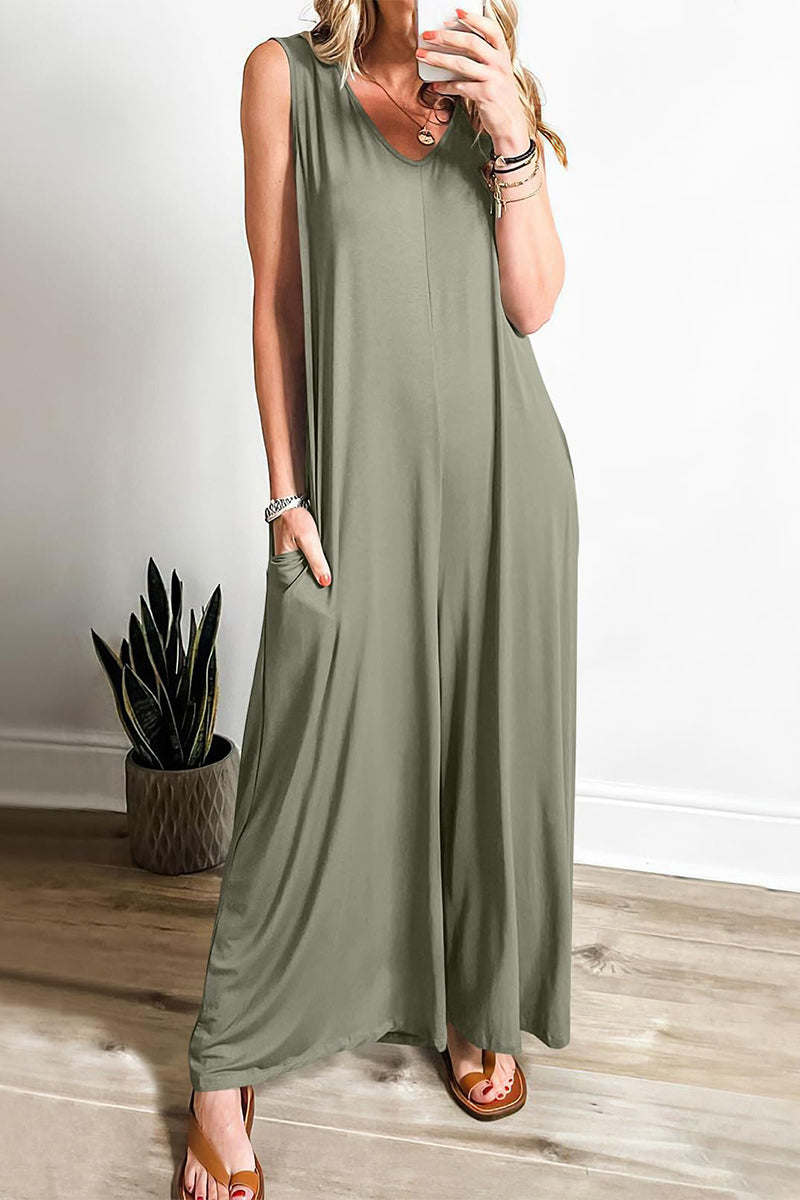 CM | Casual Simplicity Solid Pocket V-Neck Loose Jumpsuits