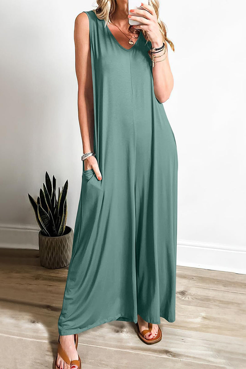 CM | Casual Simplicity Solid Pocket V-Neck Loose Jumpsuits