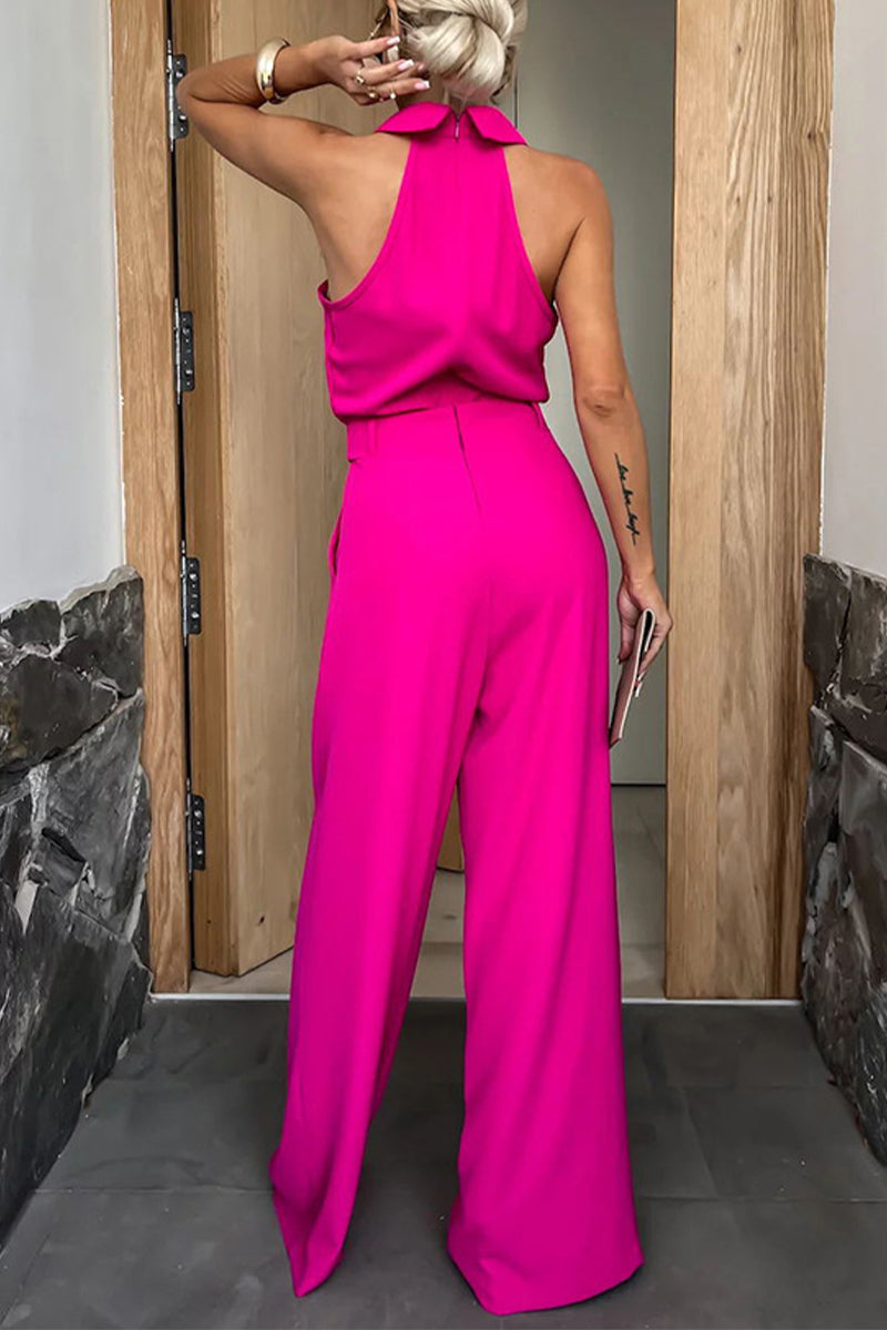 CM | Casual British Style Solid Pocket Zip Halter Jumpsuits