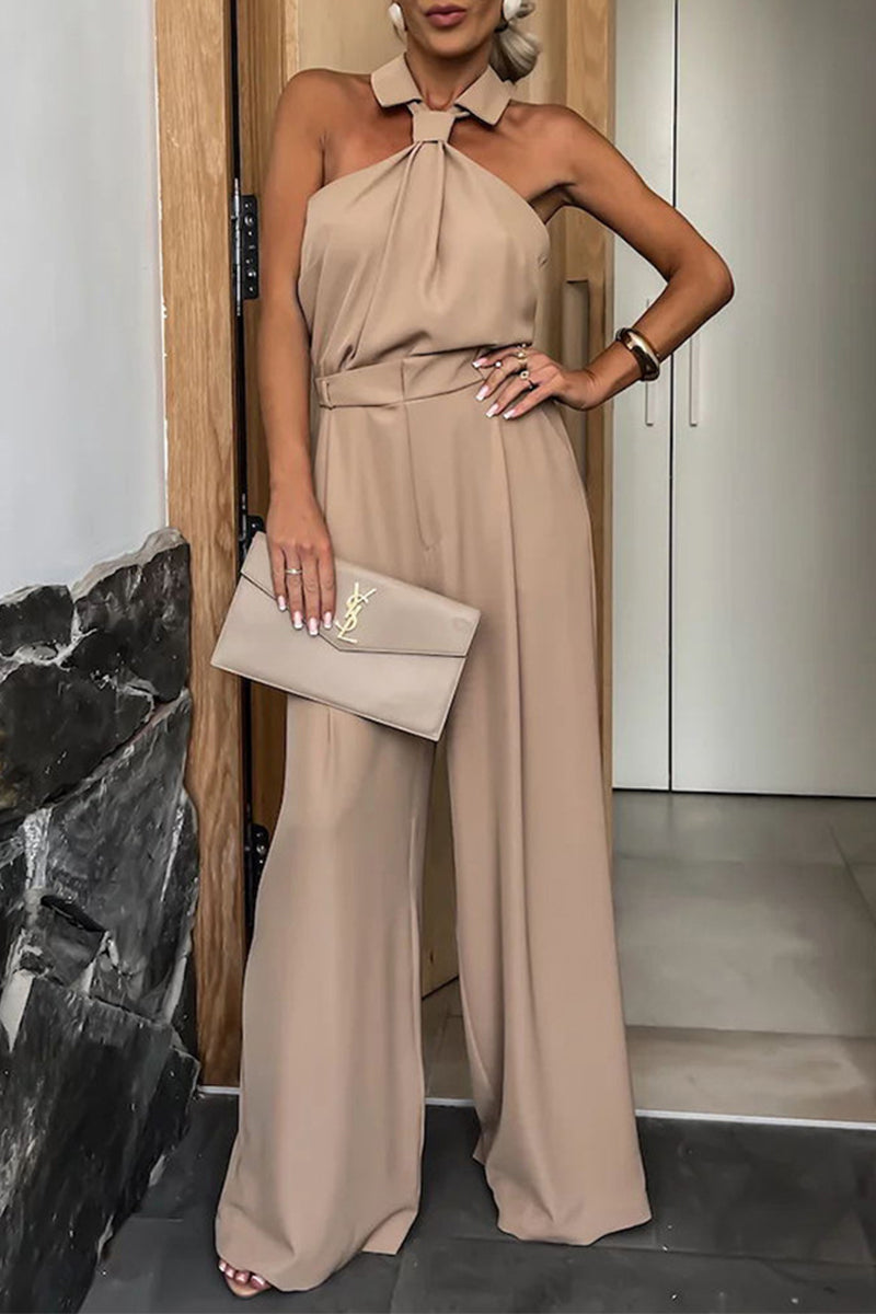 CM | Casual British Style Solid Pocket Zip Halter Jumpsuits