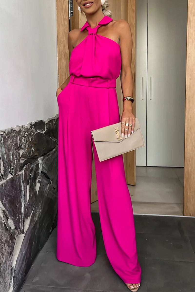 CM | Casual British Style Solid Pocket Zip Halter Jumpsuits