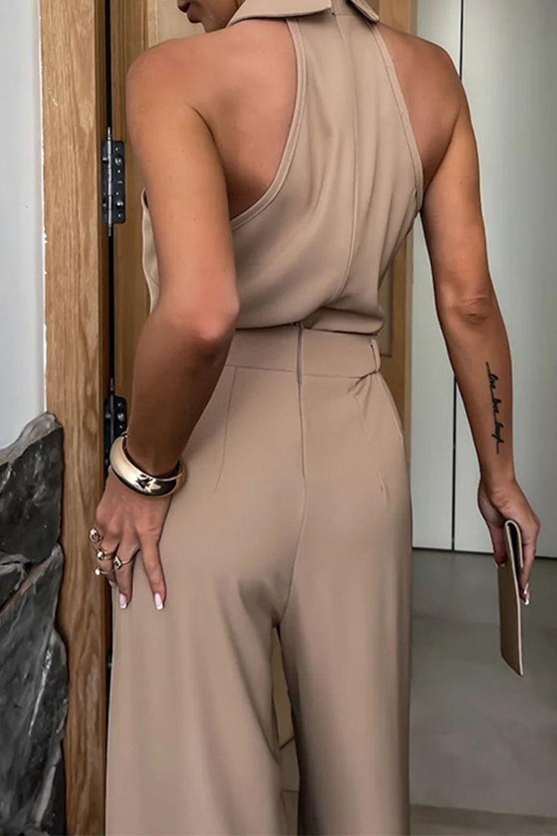 CM | Casual British Style Solid Pocket Zip Halter Jumpsuits