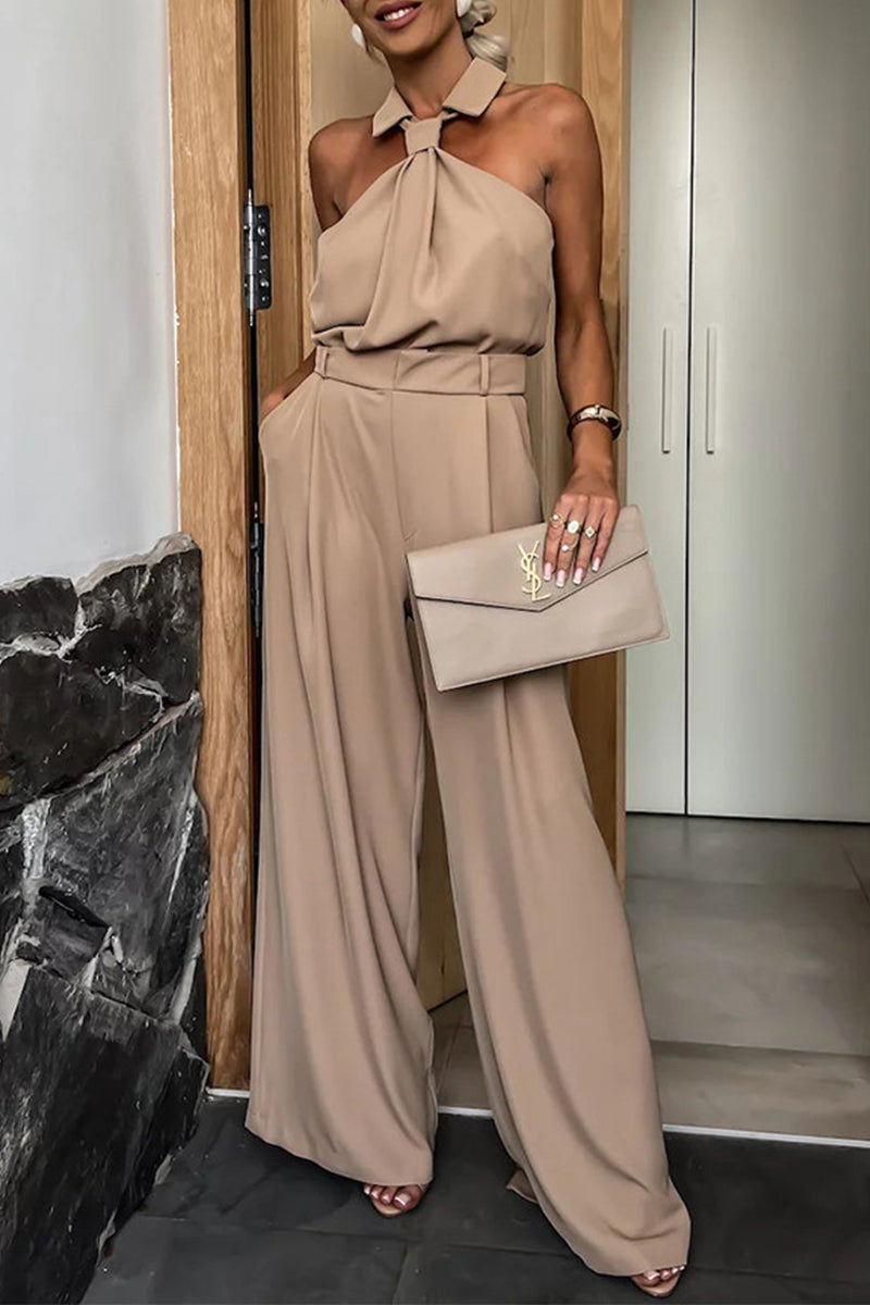 CM | Casual British Style Solid Pocket Zip Halter Jumpsuits