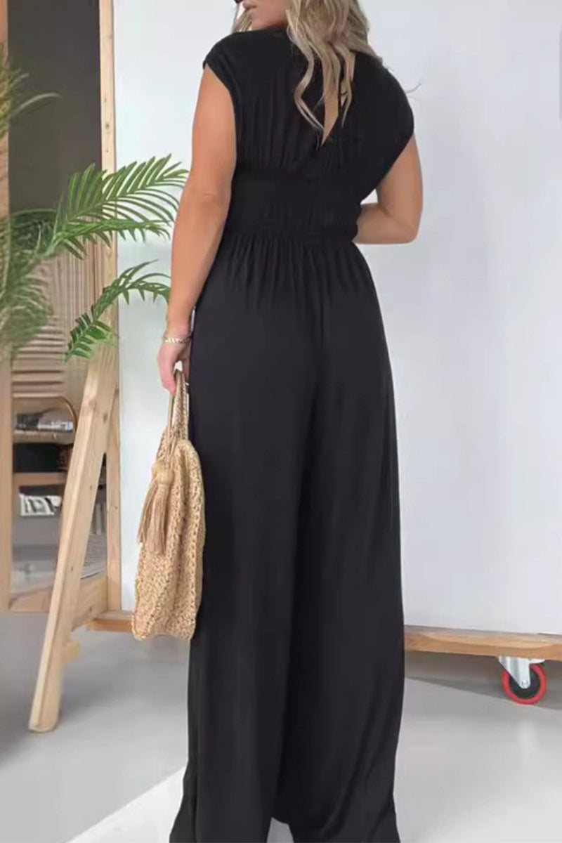 CM | Casual Solid Pleats V Neck Loose Jumpsuits