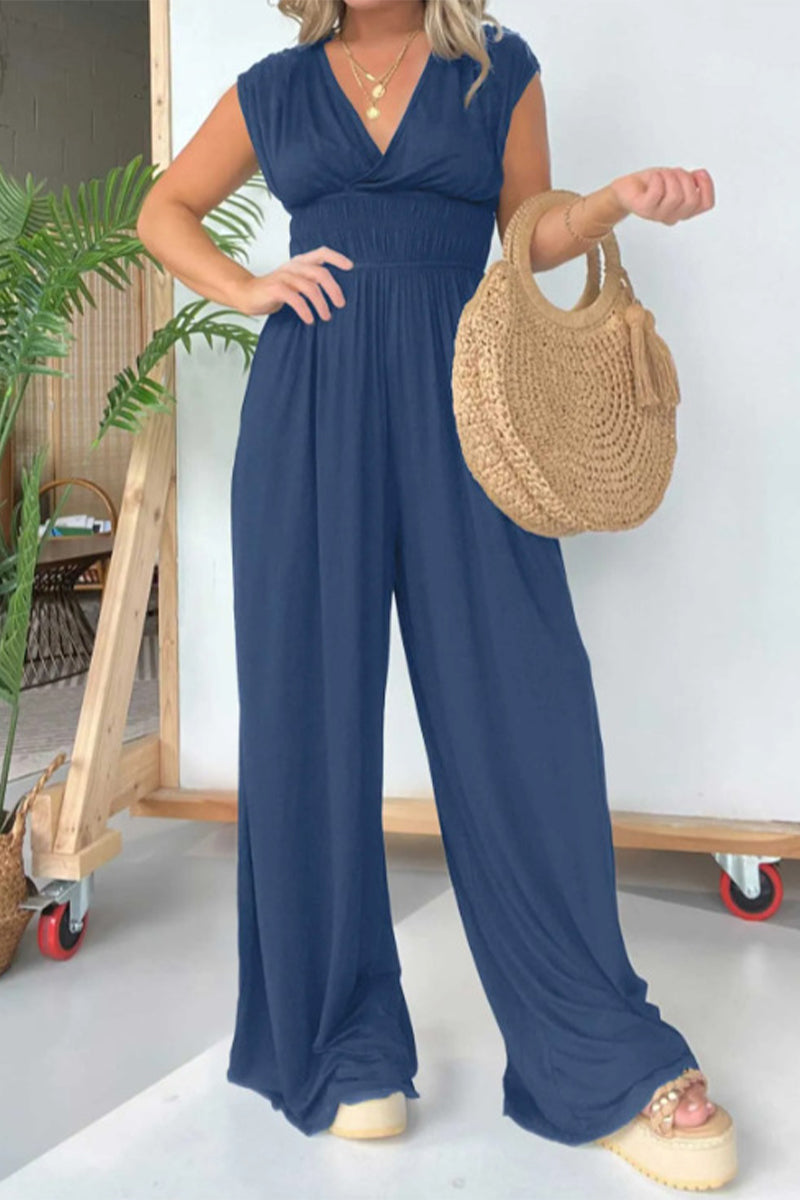 CM | Casual Solid Pleats V Neck Loose Jumpsuits