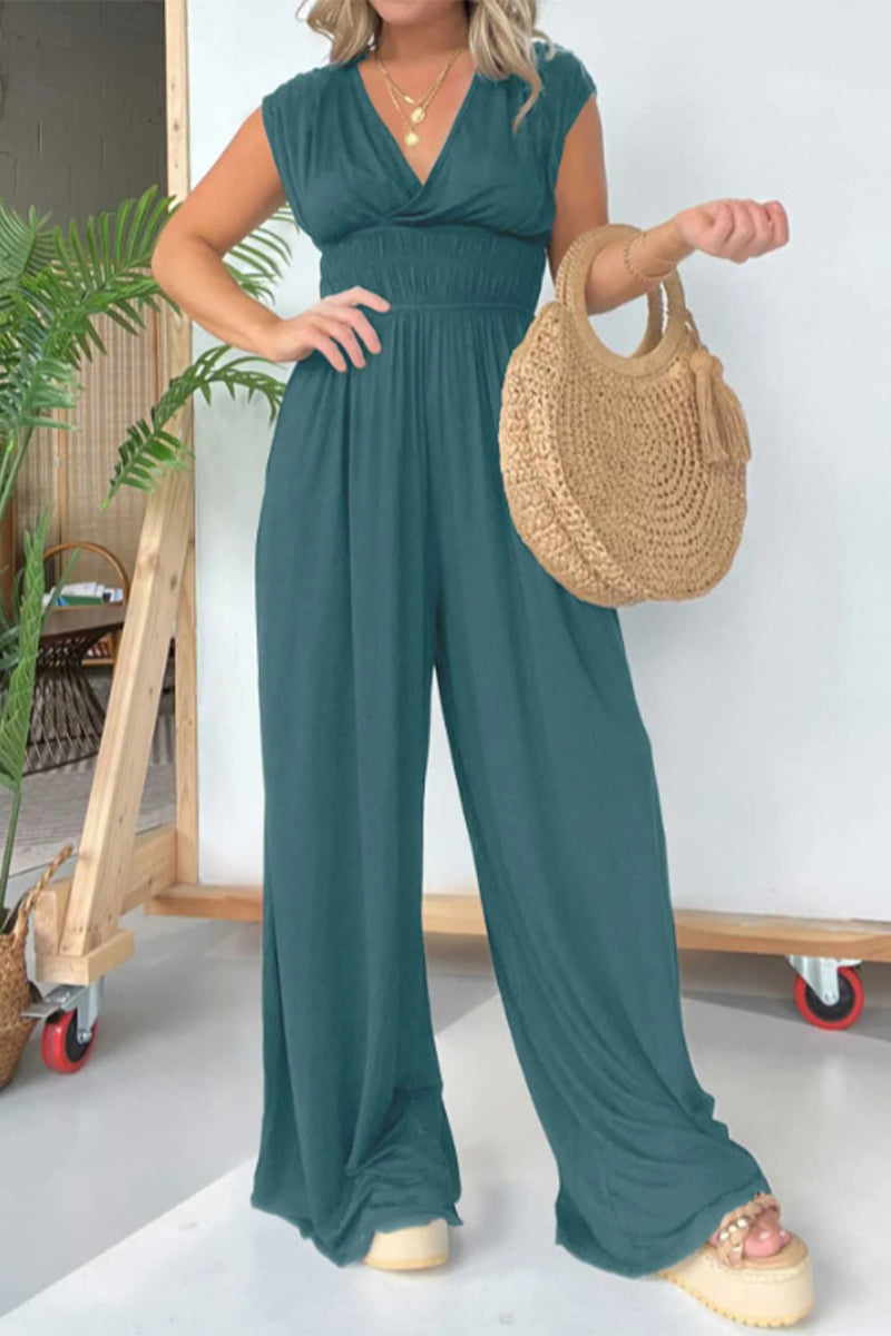 CM | Casual Solid Pleats V Neck Loose Jumpsuits