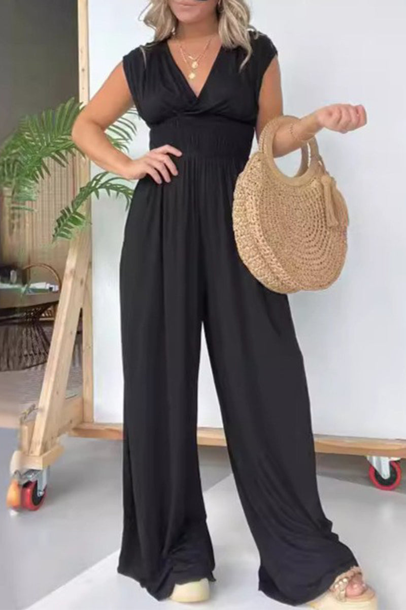 CM | Casual Solid Pleats V Neck Loose Jumpsuits