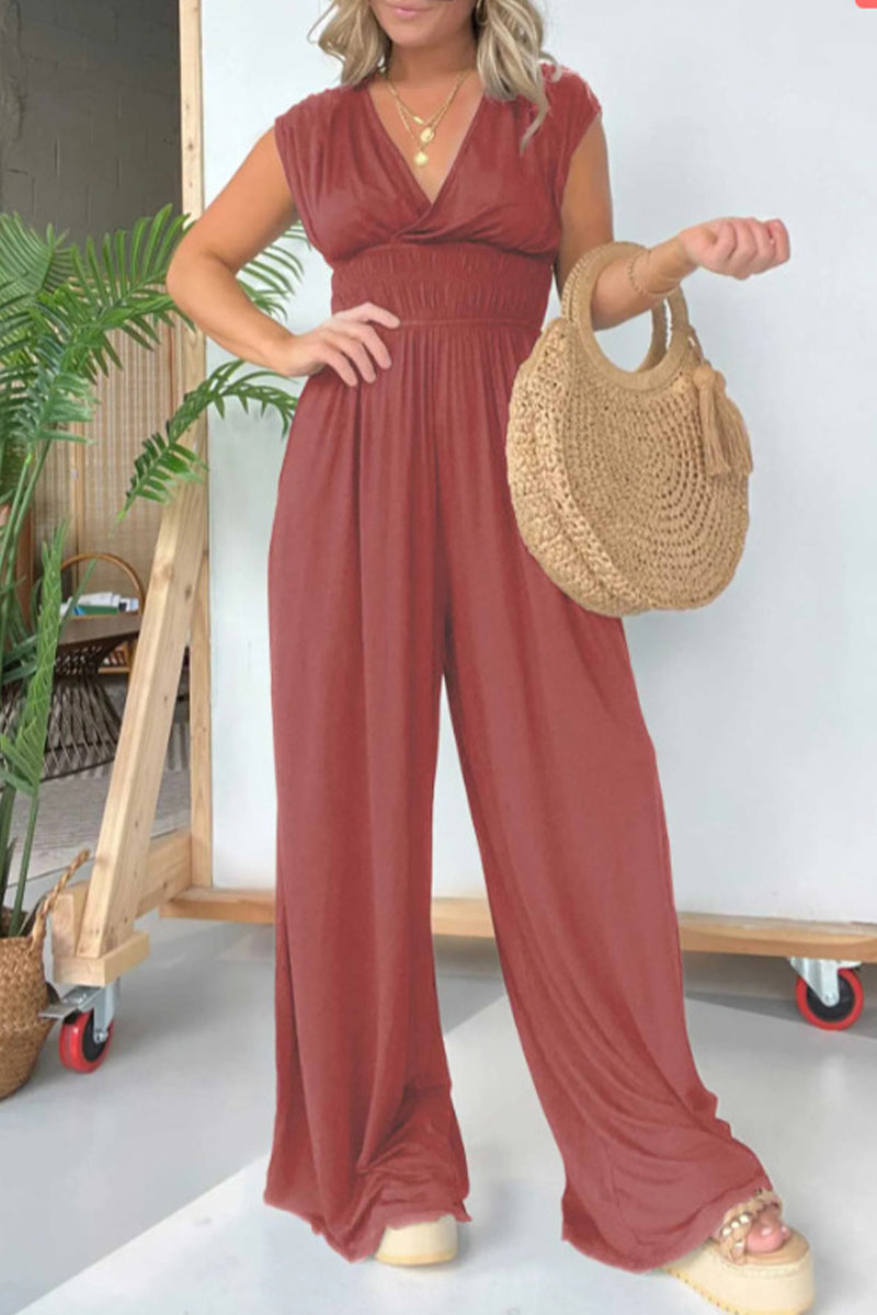 CM | Casual Solid Pleats V Neck Loose Jumpsuits