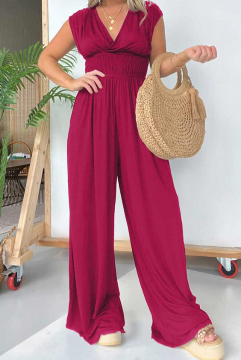 CM | Casual Solid Pleats V Neck Loose Jumpsuits