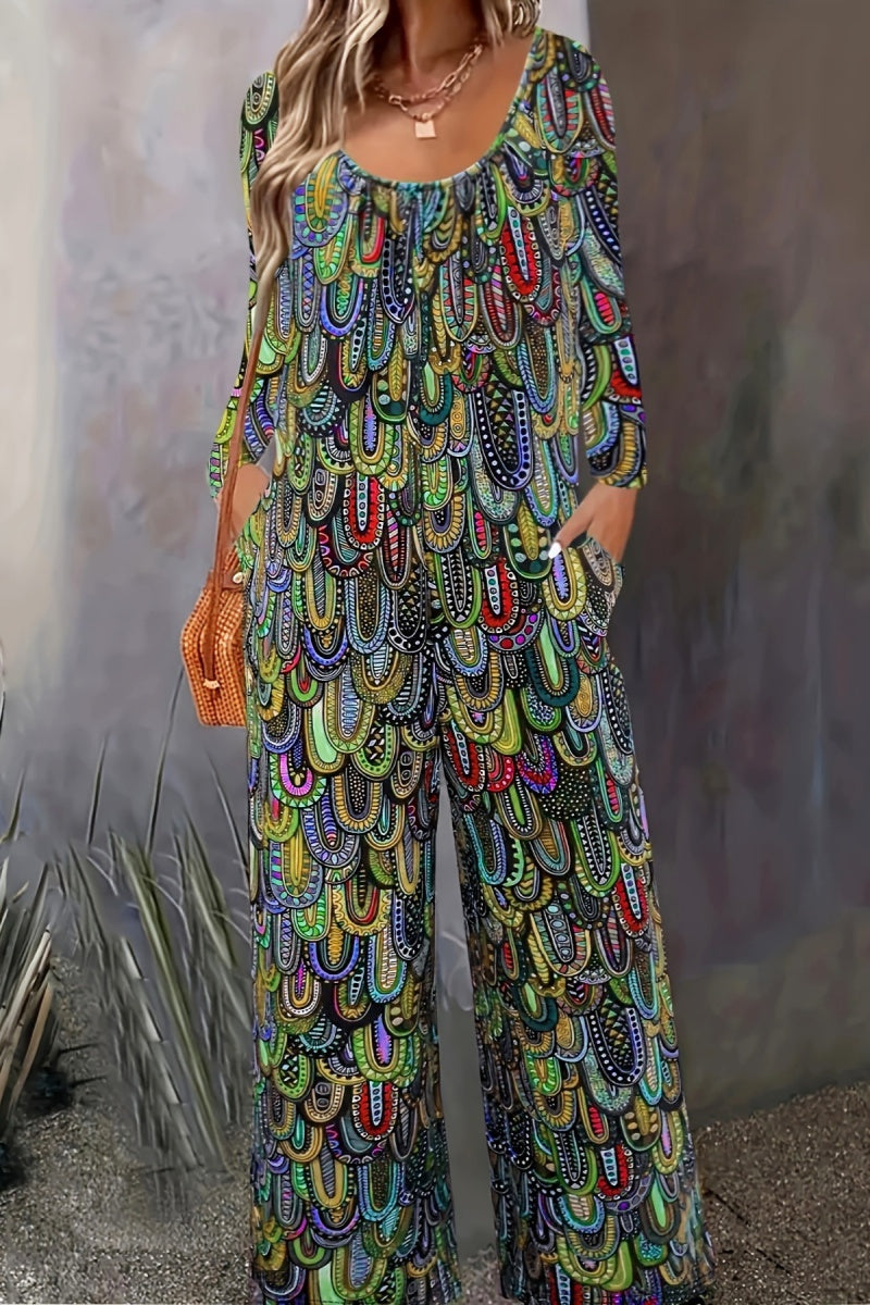 CM | Casual Print Basic U Neck Regular Jumpsuits