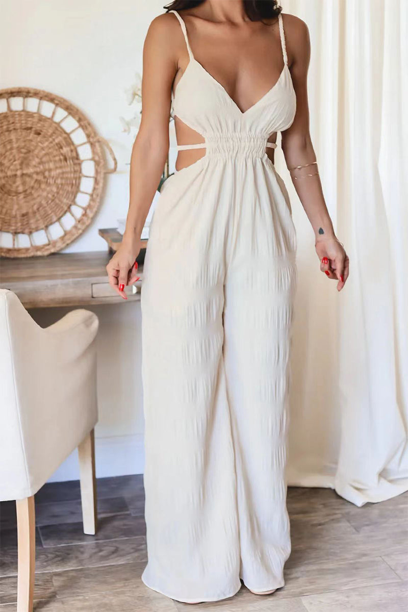 CM | Casual Solid Pocket Backless V Neck Loose Jumpsuits