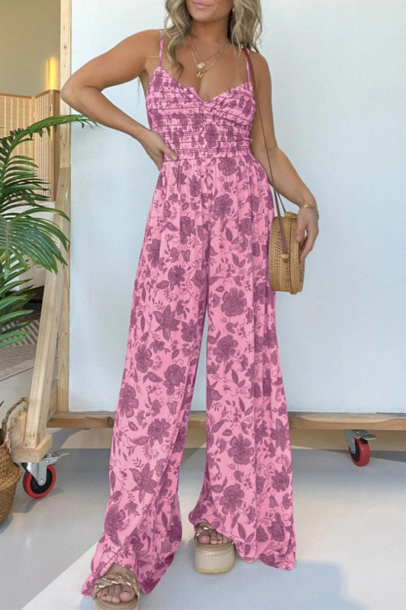 CM | Casual Floral Print Backless Spaghetti Strap Regular Jumpsuits(6 Colours)