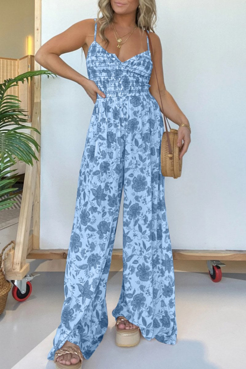 CM | Casual Floral Print Backless Spaghetti Strap Regular Jumpsuits(6 Colours)