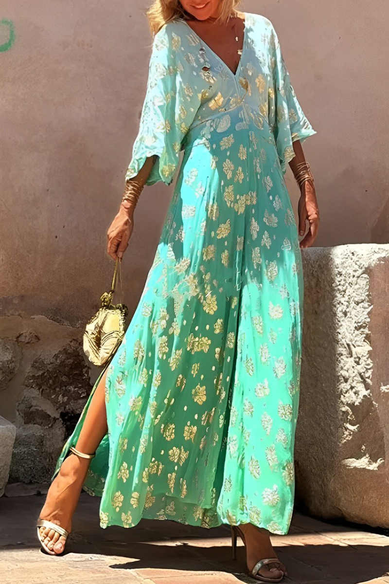 CM | Casual Daily Gradient Print Bronzing Pattern V-Neck Loose Jumpsuits