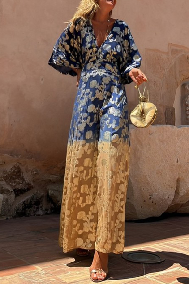 CM | Casual Daily Gradient Print Bronzing Pattern V-Neck Loose Jumpsuits
