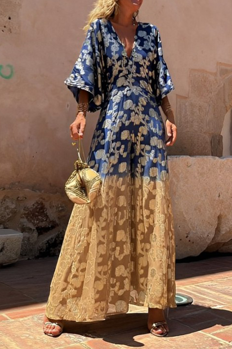 CM | Casual Daily Gradient Print Bronzing Pattern V-Neck Loose Jumpsuits