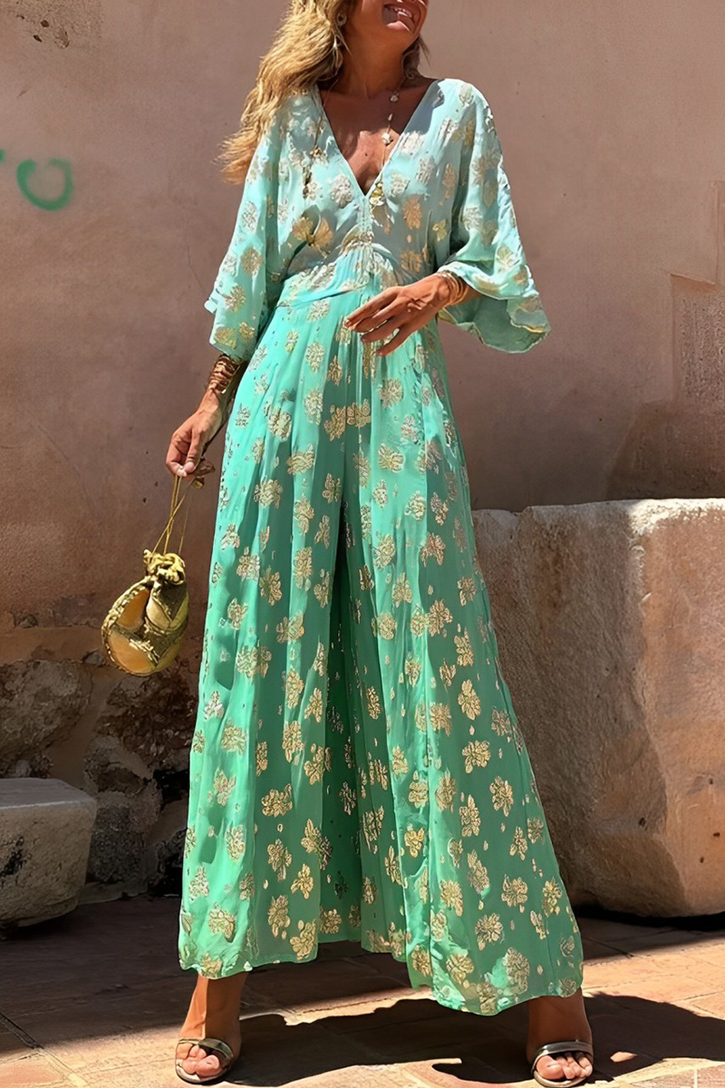 CM | Casual Daily Gradient Print Bronzing Pattern V-Neck Loose Jumpsuits