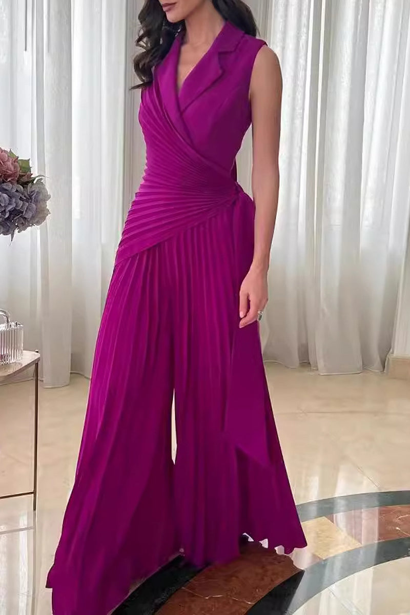 CM | Casual Solid Colour Lace Up Ruched Pleated Turn-back Collar Regular Jumpsuits