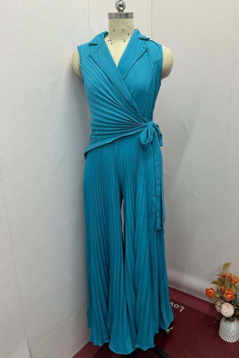 CM | Casual Solid Colour Lace Up Ruched Pleated Turn-back Collar Regular Jumpsuits