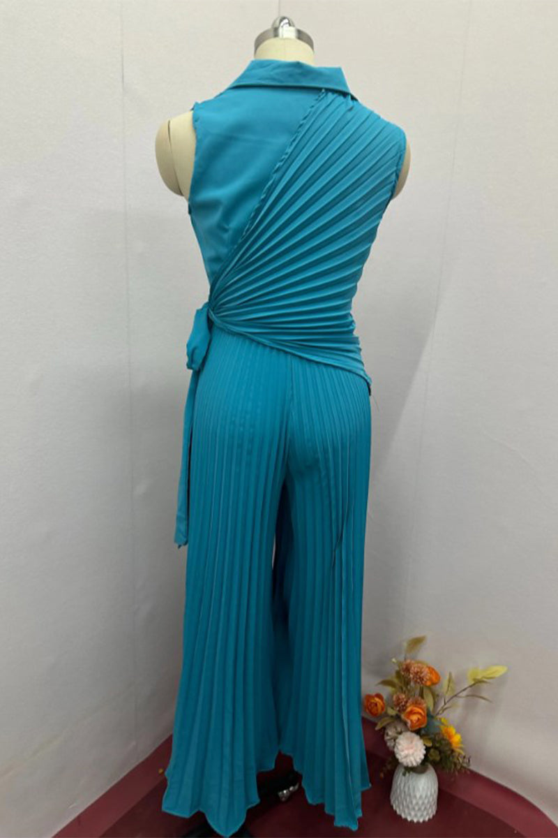 CM | Casual Solid Colour Lace Up Ruched Pleated Turn-back Collar Regular Jumpsuits