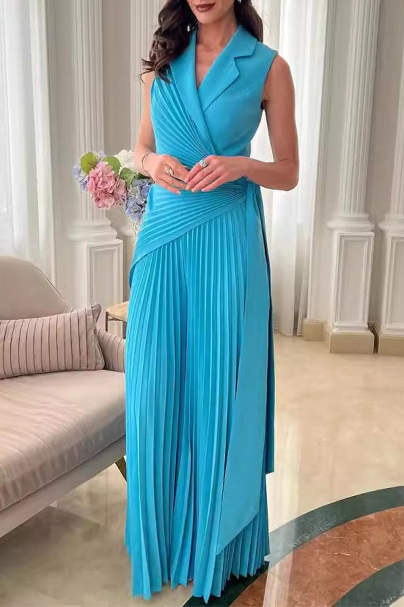 CM | Casual Solid Colour Lace Up Ruched Pleated Turn-back Collar Regular Jumpsuits