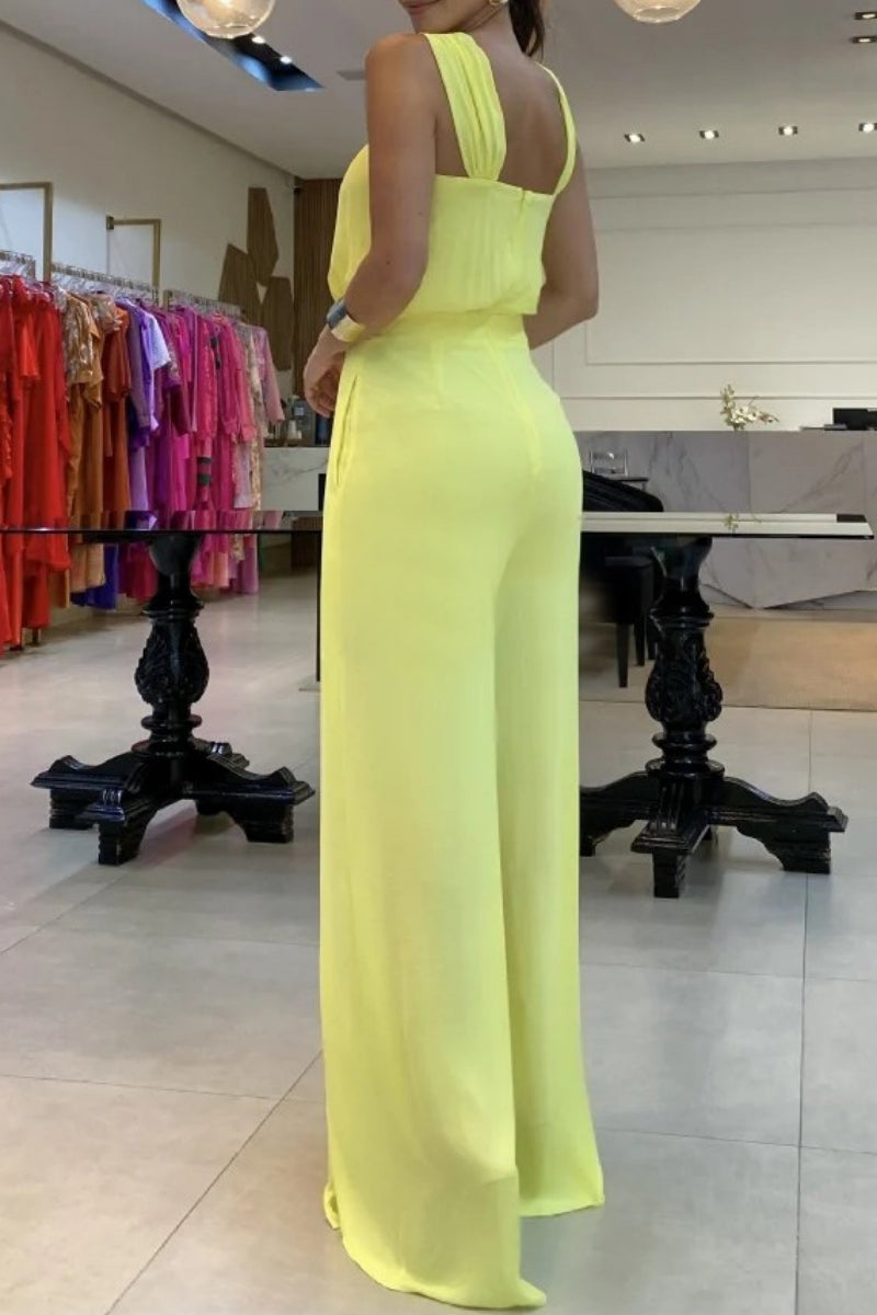 CM | Casual Solid Colour Patchwork Backless V Neck Regular Jumpsuits