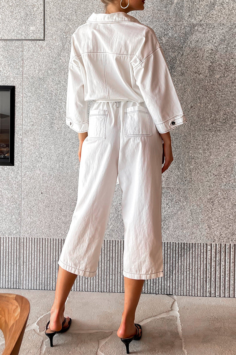 CM | Casual Solid Colour Lace Up Patchwork Turn Down Collar Loose Jumpsuits