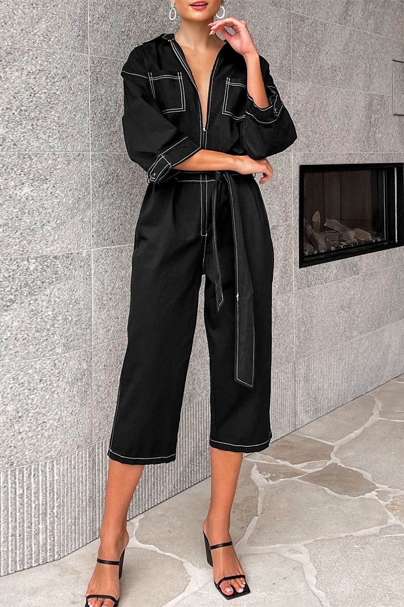 CM | Casual Solid Colour Lace Up Patchwork Turn Down Collar Loose Jumpsuits