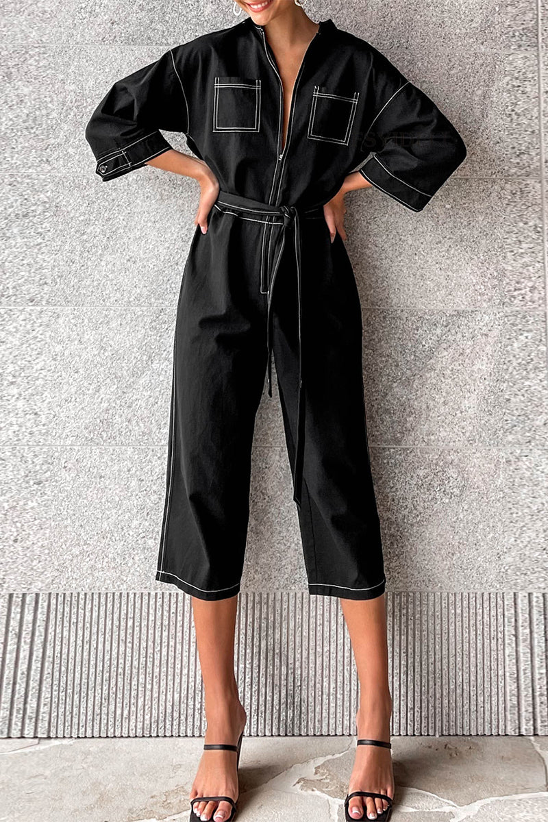 CM | Casual Solid Colour Lace Up Patchwork Turn Down Collar Loose Jumpsuits