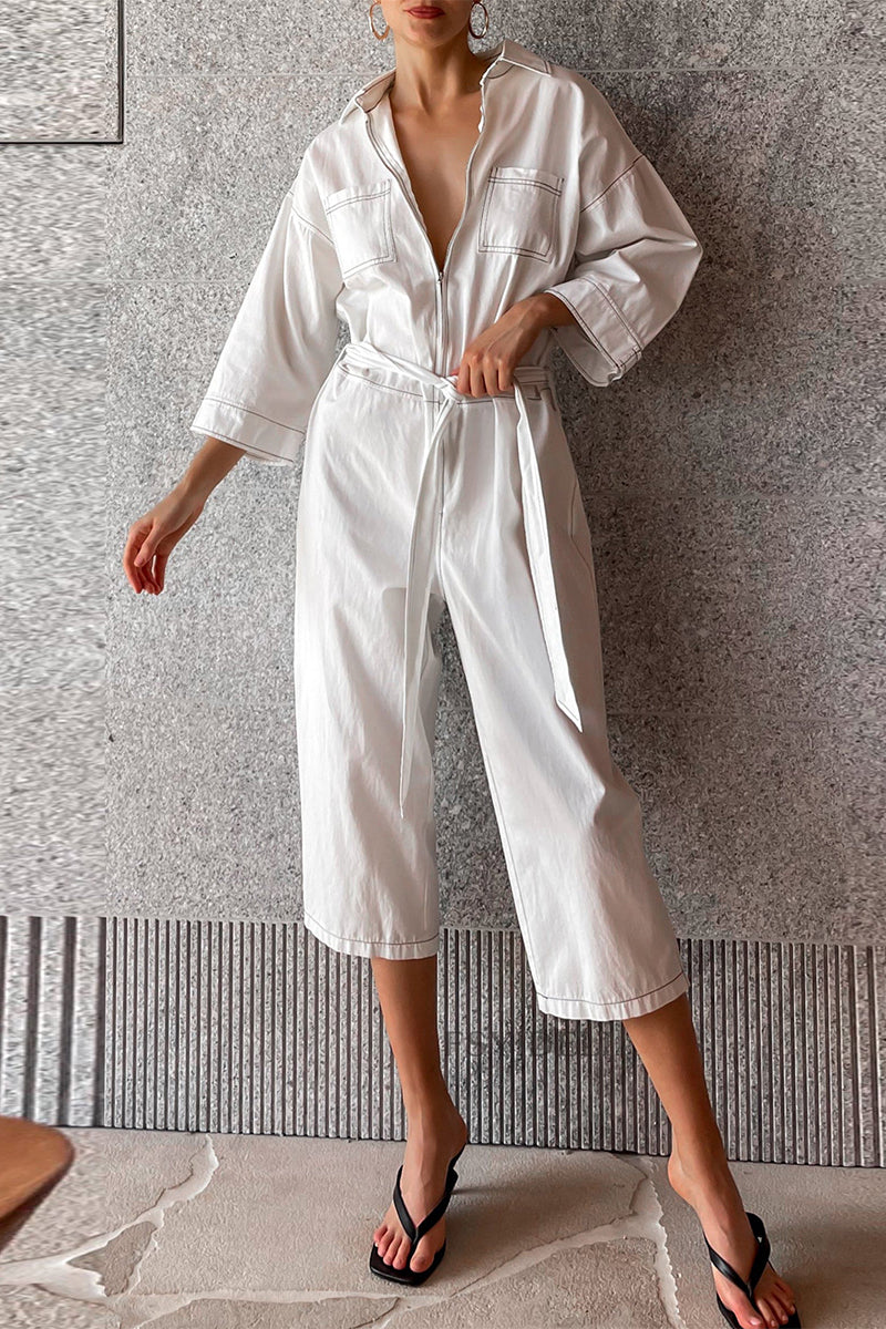 CM | Casual Solid Colour Lace Up Patchwork Turn Down Collar Loose Jumpsuits
