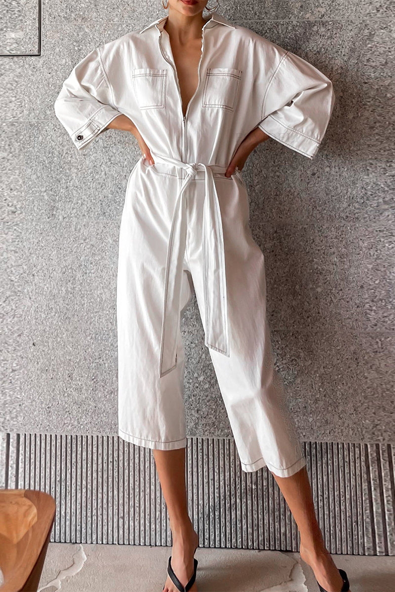 CM | Casual Solid Colour Lace Up Patchwork Turn Down Collar Loose Jumpsuits
