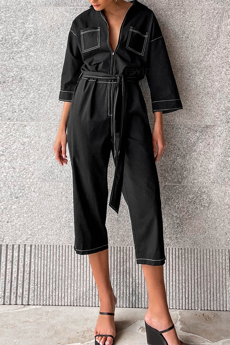 CM | Casual Solid Colour Lace Up Patchwork Turn Down Collar Loose Jumpsuits
