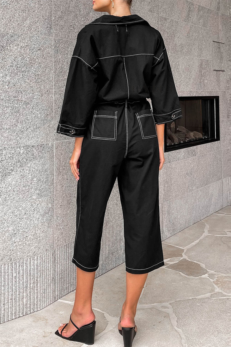 CM | Casual Solid Colour Lace Up Patchwork Turn Down Collar Loose Jumpsuits