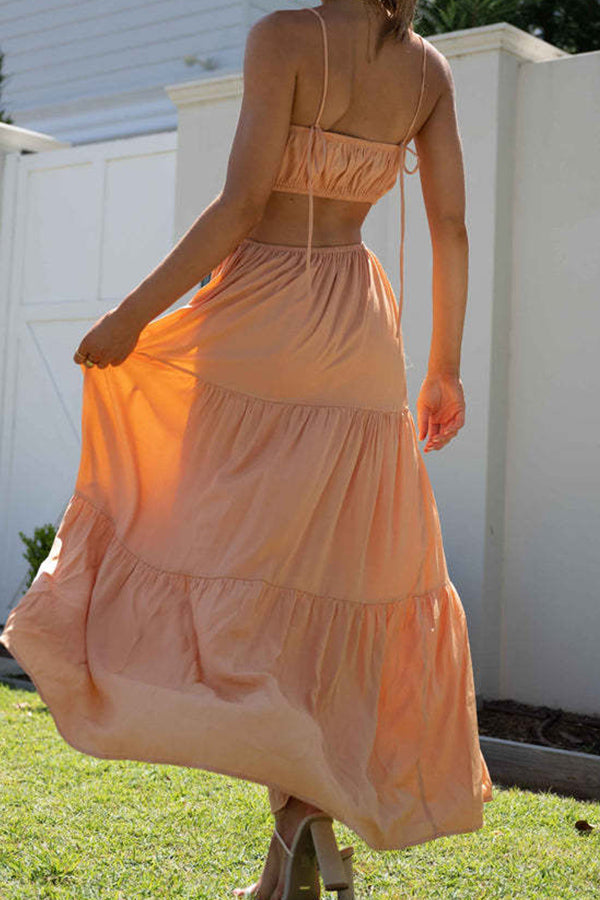CM | Vestido largo de swing sin mangas, con cintura abierta y capas