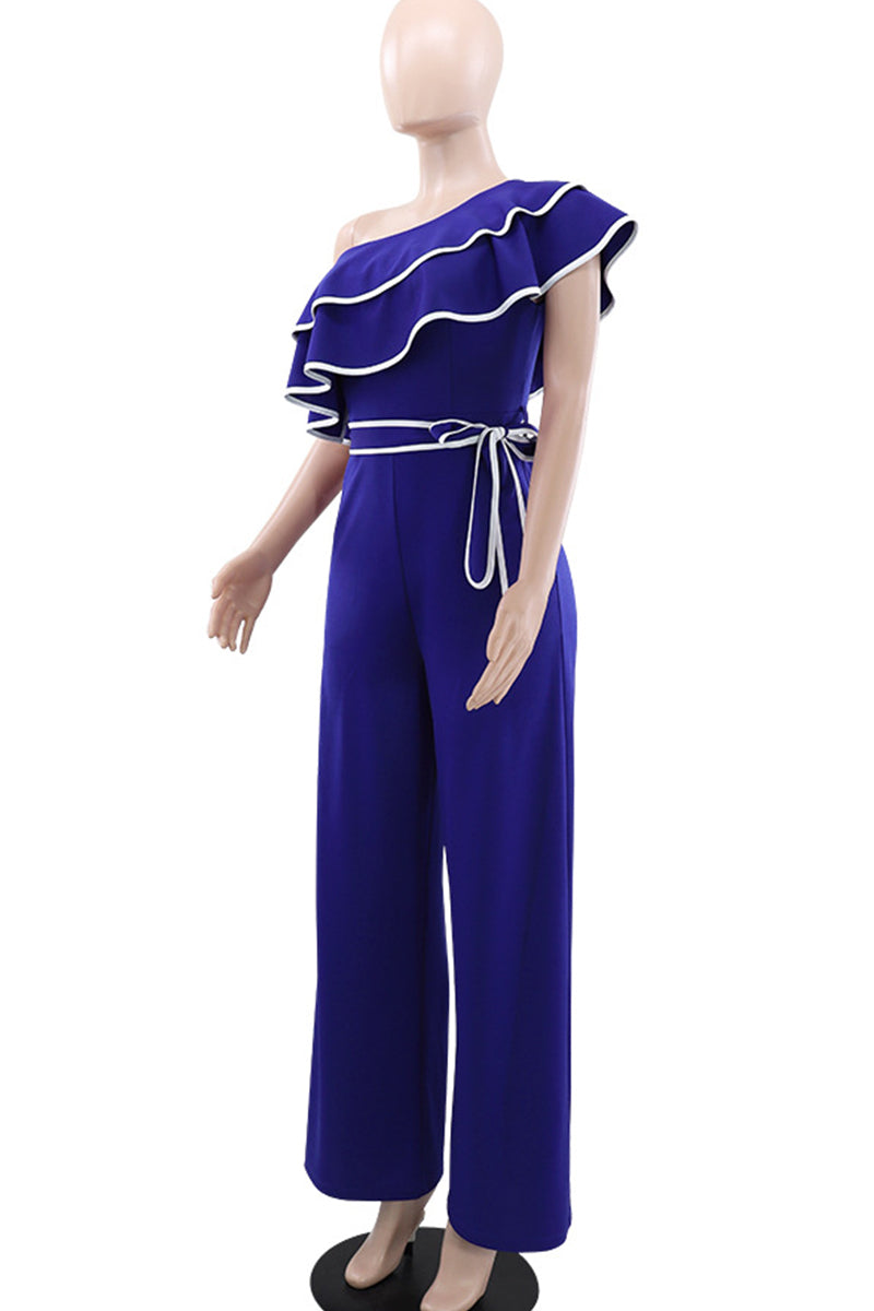 CM | Casual Patchwork Strap Design Contrast Ruffled Trim Bias Collar Loose Jumpsuits