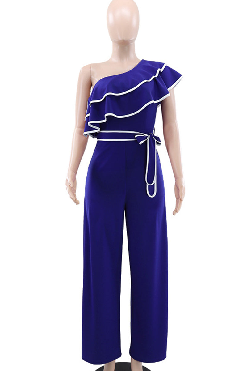CM | Casual Patchwork Strap Design Contrast Ruffled Trim Bias Collar Loose Jumpsuits