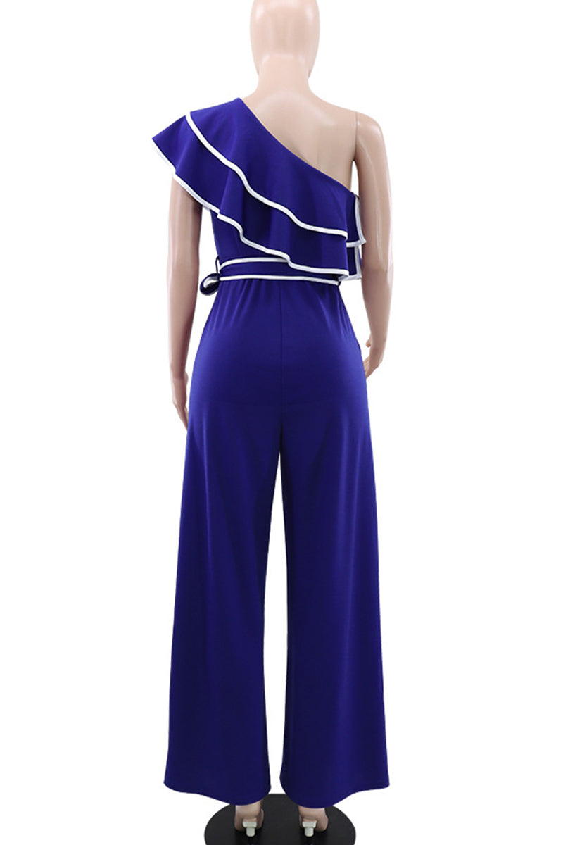 CM | Casual Patchwork Strap Design Contrast Ruffled Trim Bias Collar Loose Jumpsuits