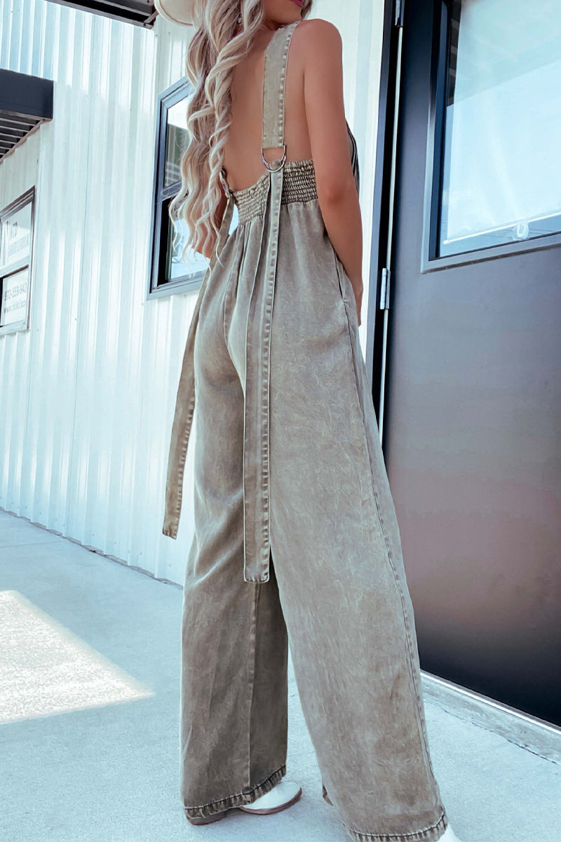 CM | Casual Distressed Pocket Adjustable V Neck Loose Jumpsuits