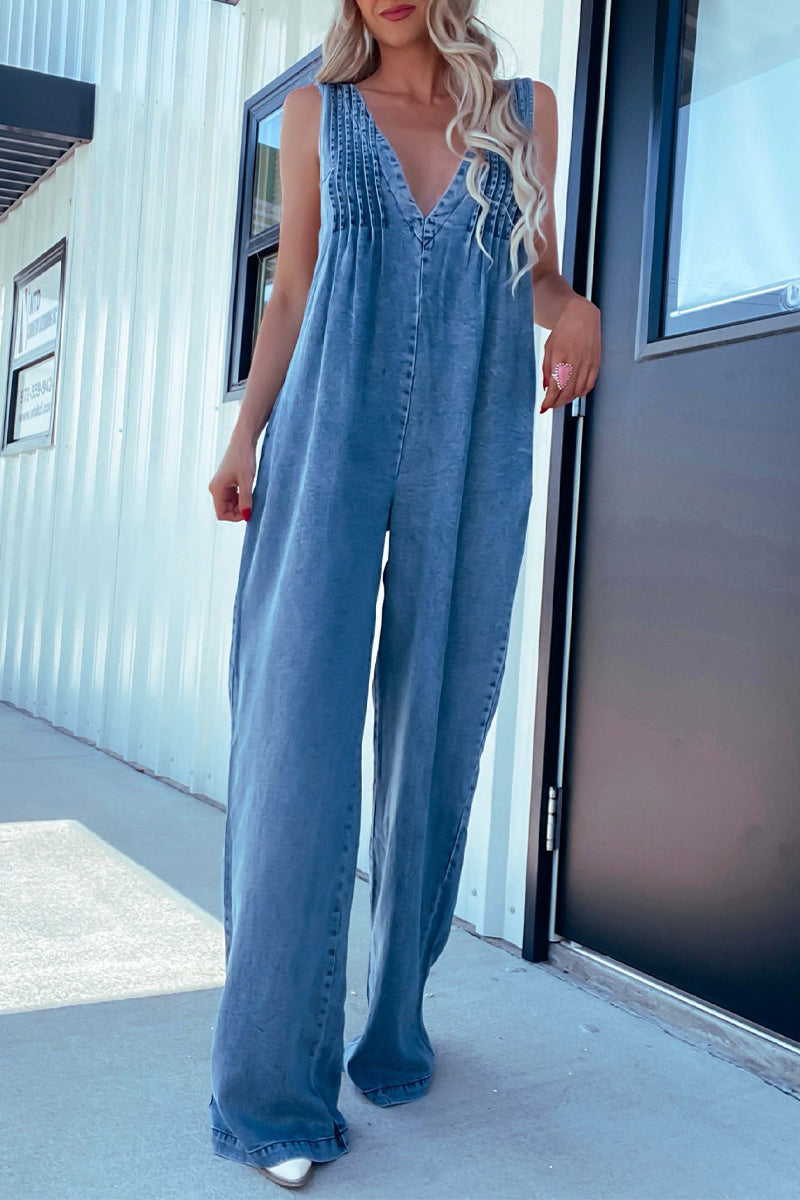 CM | Casual Distressed Pocket Adjustable V Neck Loose Jumpsuits