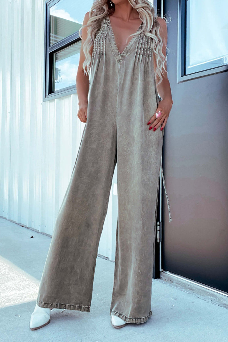 CM | Casual Distressed Pocket Adjustable V Neck Loose Jumpsuits