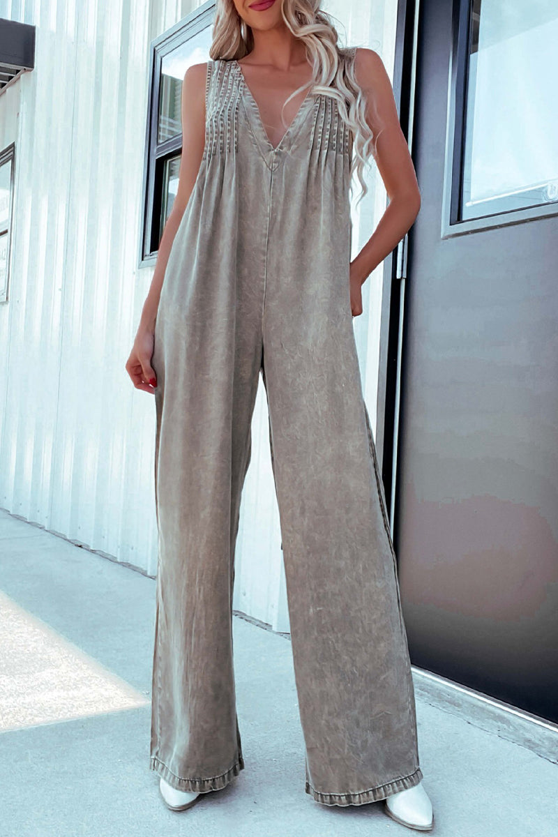 CM | Casual Distressed Pocket Adjustable V Neck Loose Jumpsuits