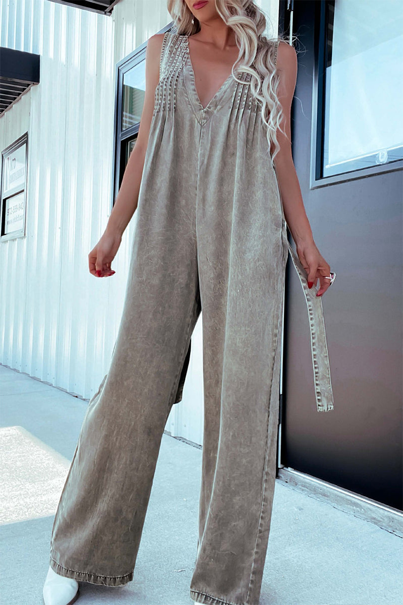 CM | Casual Distressed Pocket Adjustable V Neck Loose Jumpsuits